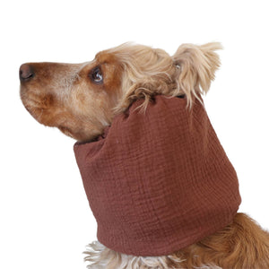 Cinnamon brown muslin snood for Spaniel, Cavalier, Poodle and other long eared dogs