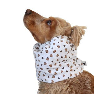 White muslin snood with latte heart print for Spaniel, Cavalier, Poodle and other long eared dogs