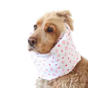 Lightweight cotton feeding snood in pink hearts pattern worn by a Cocker Spaniel