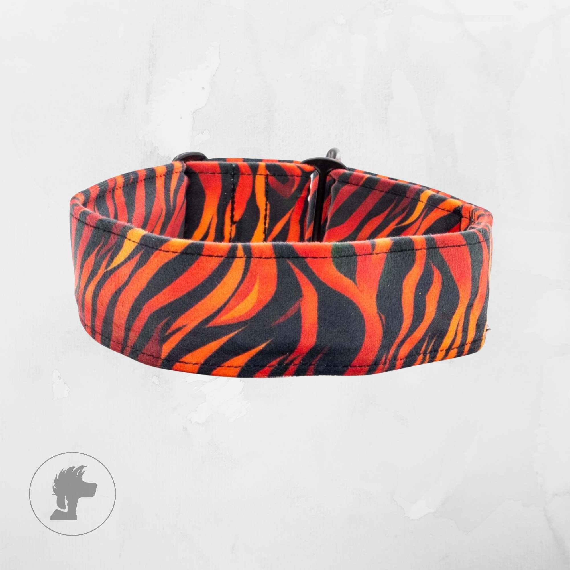 Fire velour dog collar in fiery red, orange, and black stripes, handmade luxury pet accessory by Distinguish Me