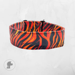 Fire velour dog collar in fiery red, orange, and black stripes, handmade luxury pet accessory by Distinguish Me