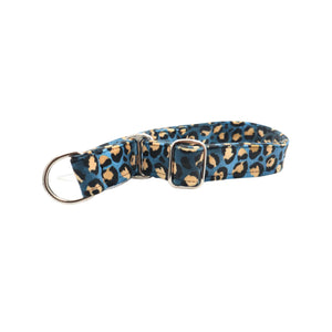 Luxury martingale-style dog collar in blue leopard velour – Distinguish Me brand
