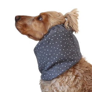 Grey polka dot muslin snood for Spaniel, Cavalier, Poodle and other long eared dogs