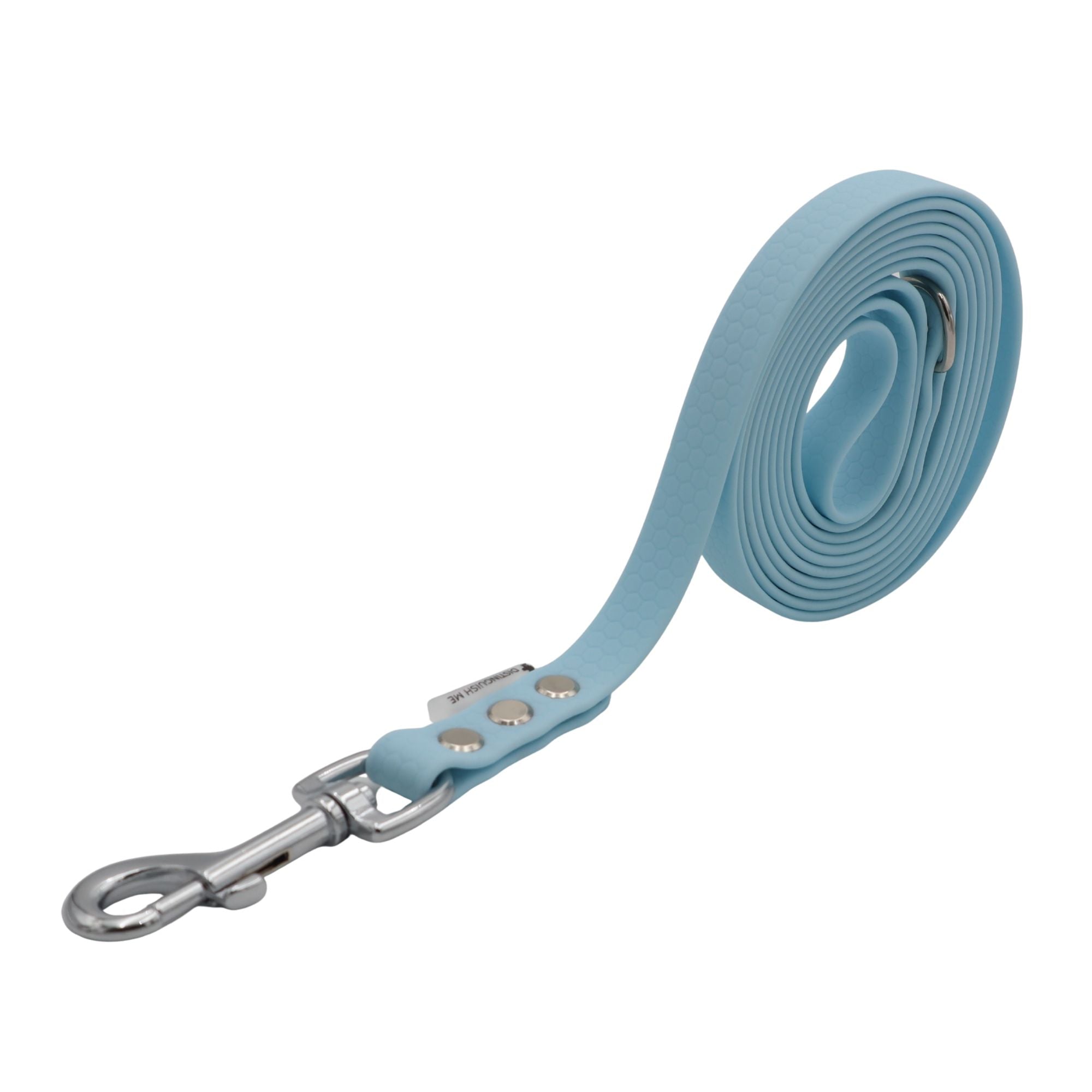 A light blue dog leash with a silver metal swivel snap hook and matching blue leather keeper, shown coiled on a white background.