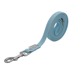 A light blue dog leash with a silver metal swivel snap hook and matching blue leather keeper, shown coiled on a white background.