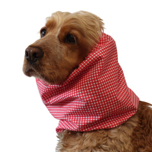 Cocker Spaniel wearing red gingham cotton dog snood for long ears, perfect for summer walks and feeding time Distinguish Me