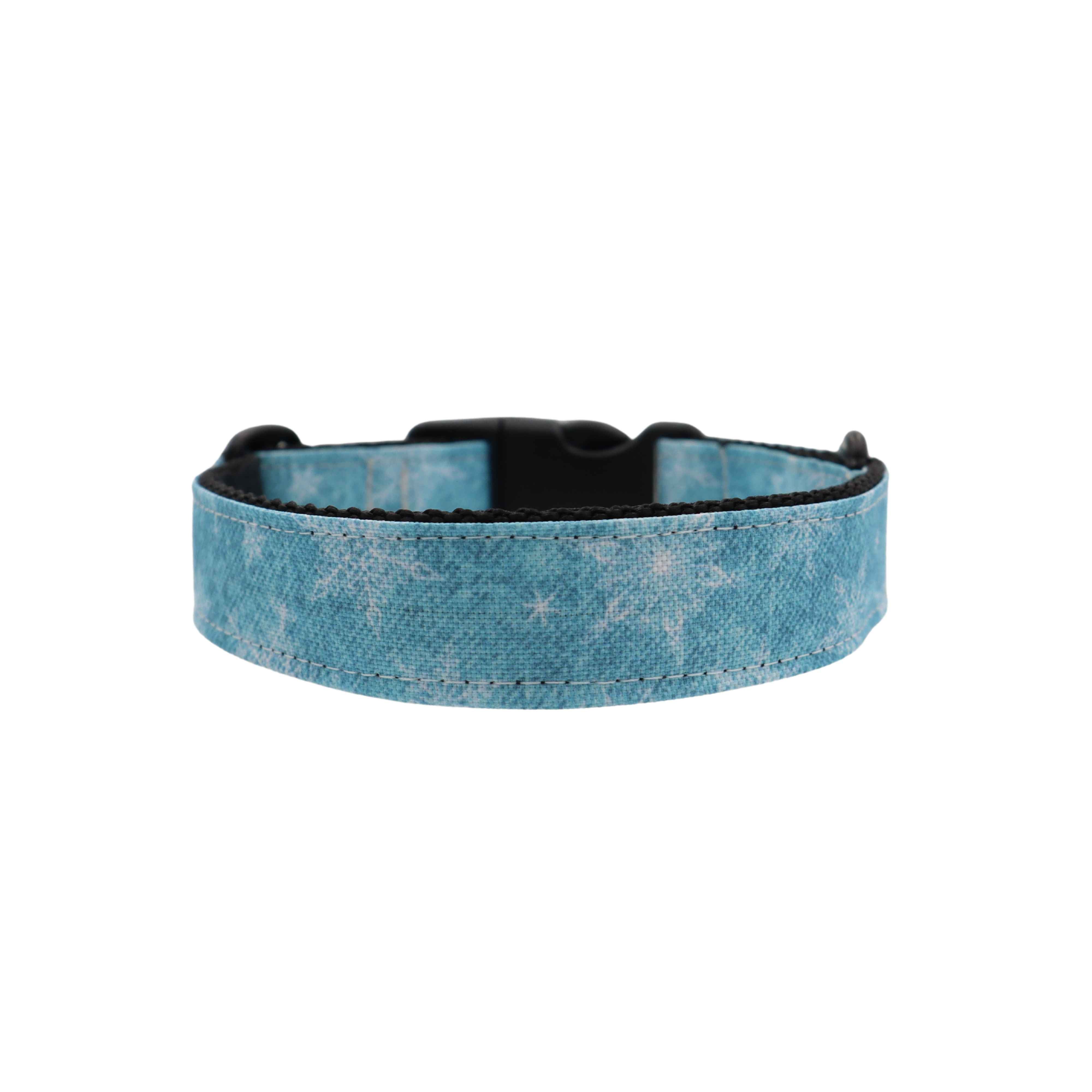 Handmade Dog Collar | Ash Blue Snowflakes | Width: 15-20-25-30-40-50 mm