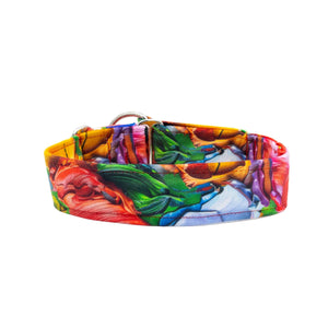 Colorful dog collar with a floral pattern on a white background