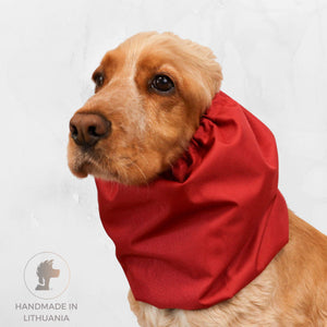bright red dog snood for long ears distinguish me
