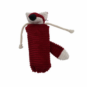 A handmade plush dog toy shaped like a fox, featuring a textured deep red body, white fluffy ears, paws, and tail, and a black plastic nose, set against a plain white background.