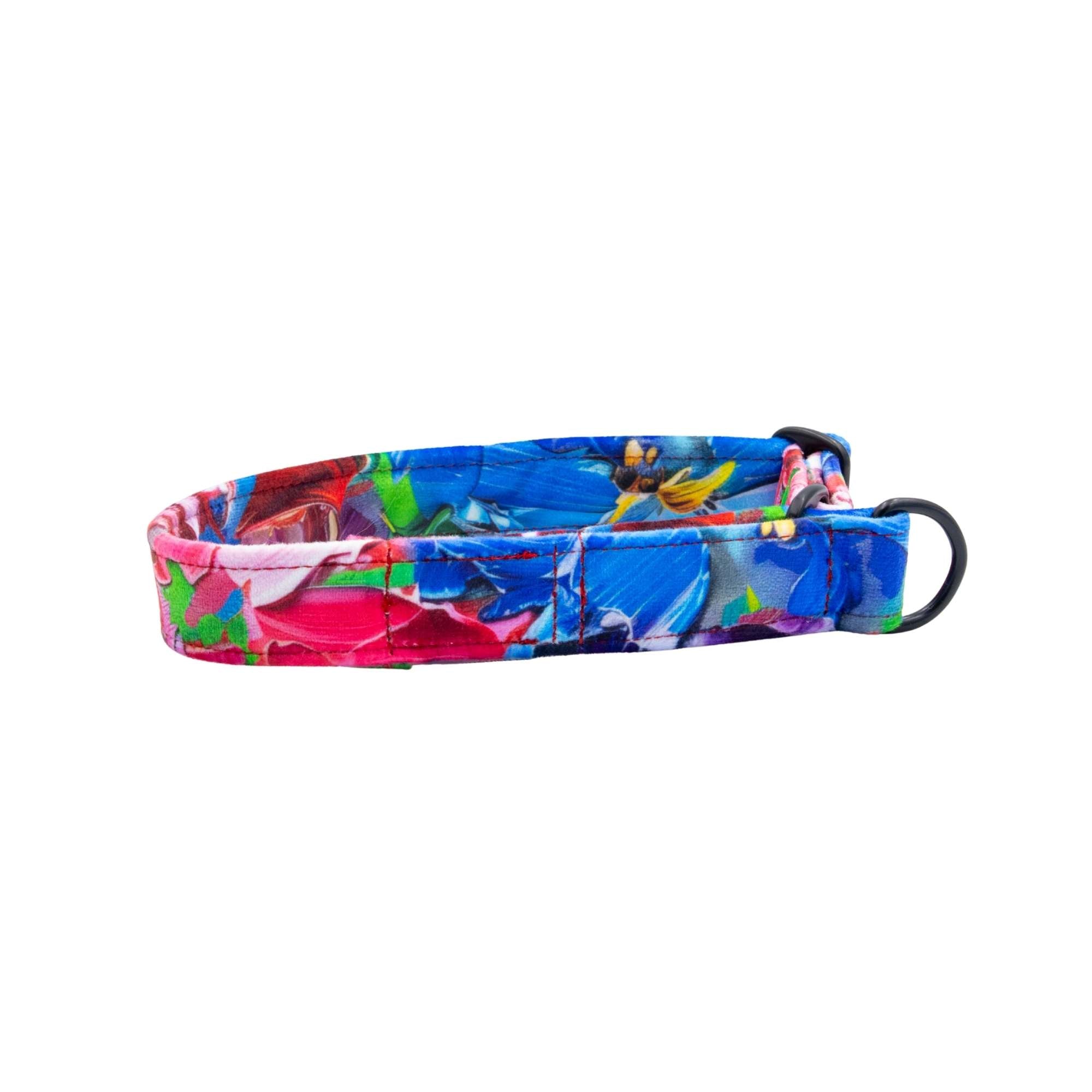 Colorful floral-patterned dog collar on a white background