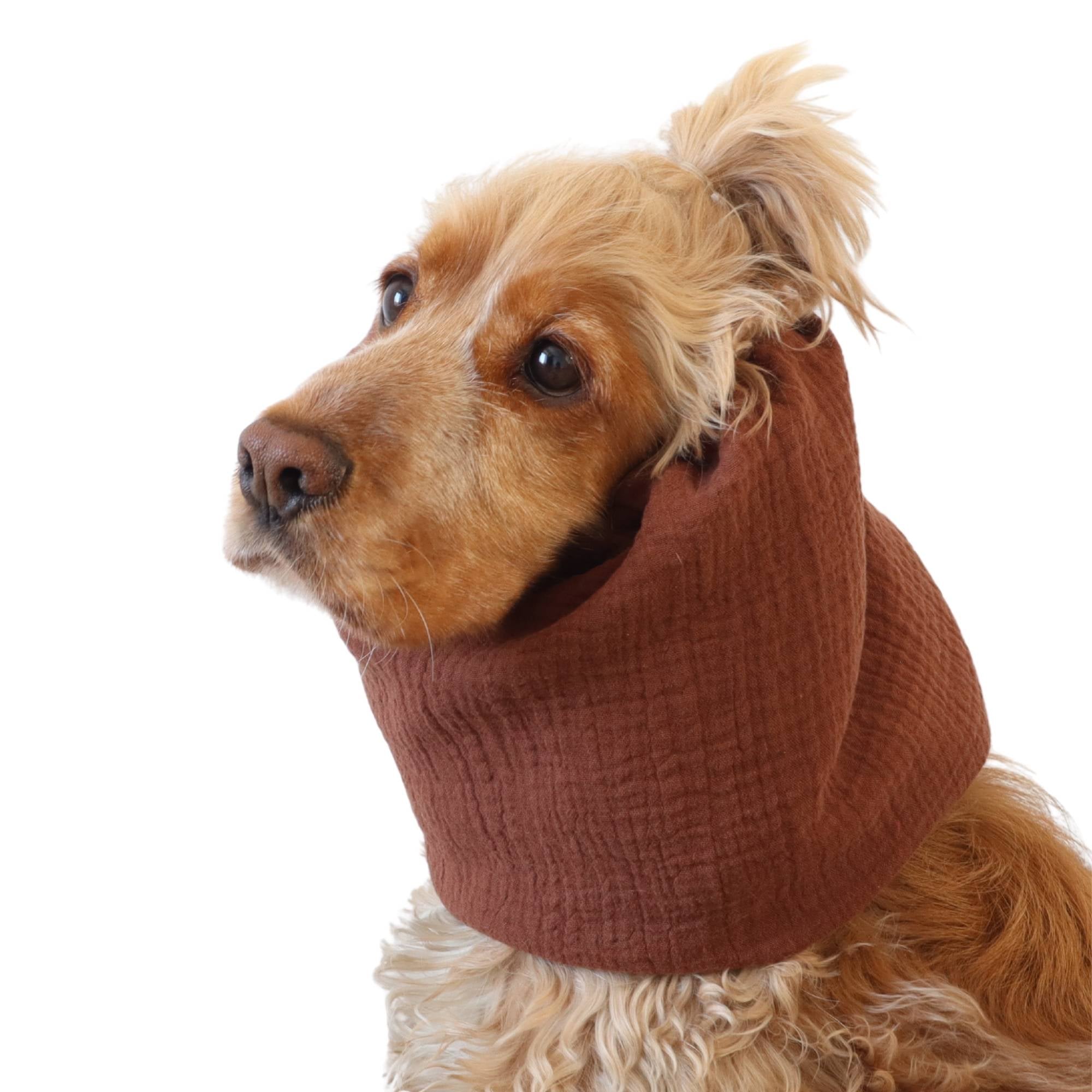 Lightweight feeding snood in cinnamon brown muslin worn by a Cocker Spaniel