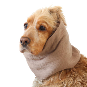 Soft beige feeding snood for long eared dogs worn by a Cocker Spaniel