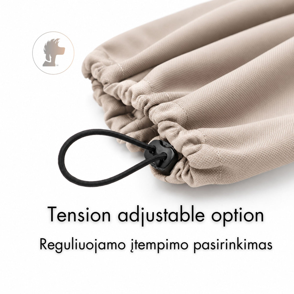 Close-up of the optional black elastic tension cord and adjuster used to fine-tune the fit of the waterproof dog snood.