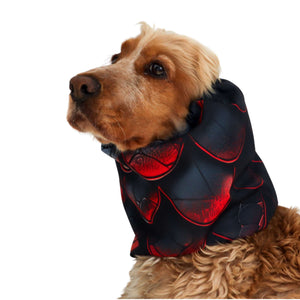 Waterproof dog snood with red dragon scale pattern – ear protection for spaniels and long-eared dogs, fantasy-inspired