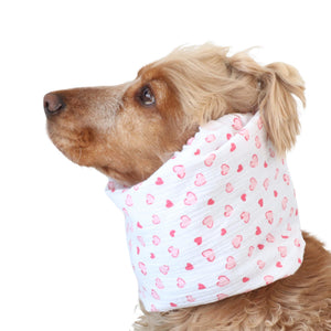 Long eared dog wearing a handmade Pink Hearts summer snood by Distinguish Me
