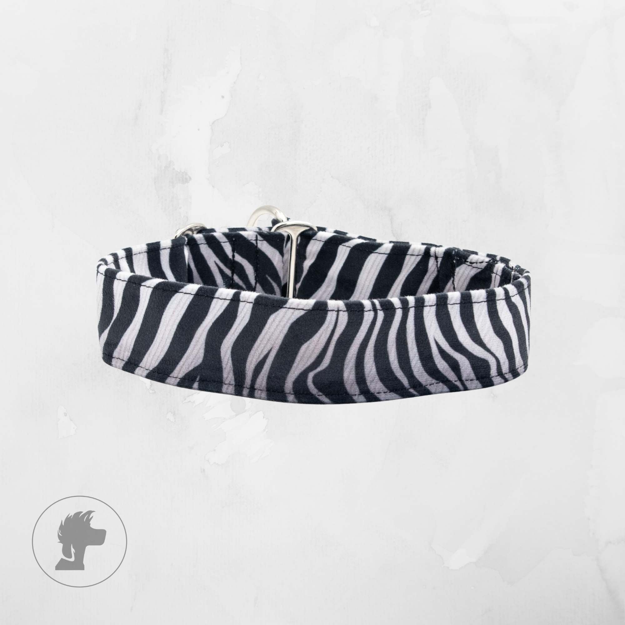 Zebra velour dog collar in black and white stripes, handmade luxury pet accessory by Distinguish Me