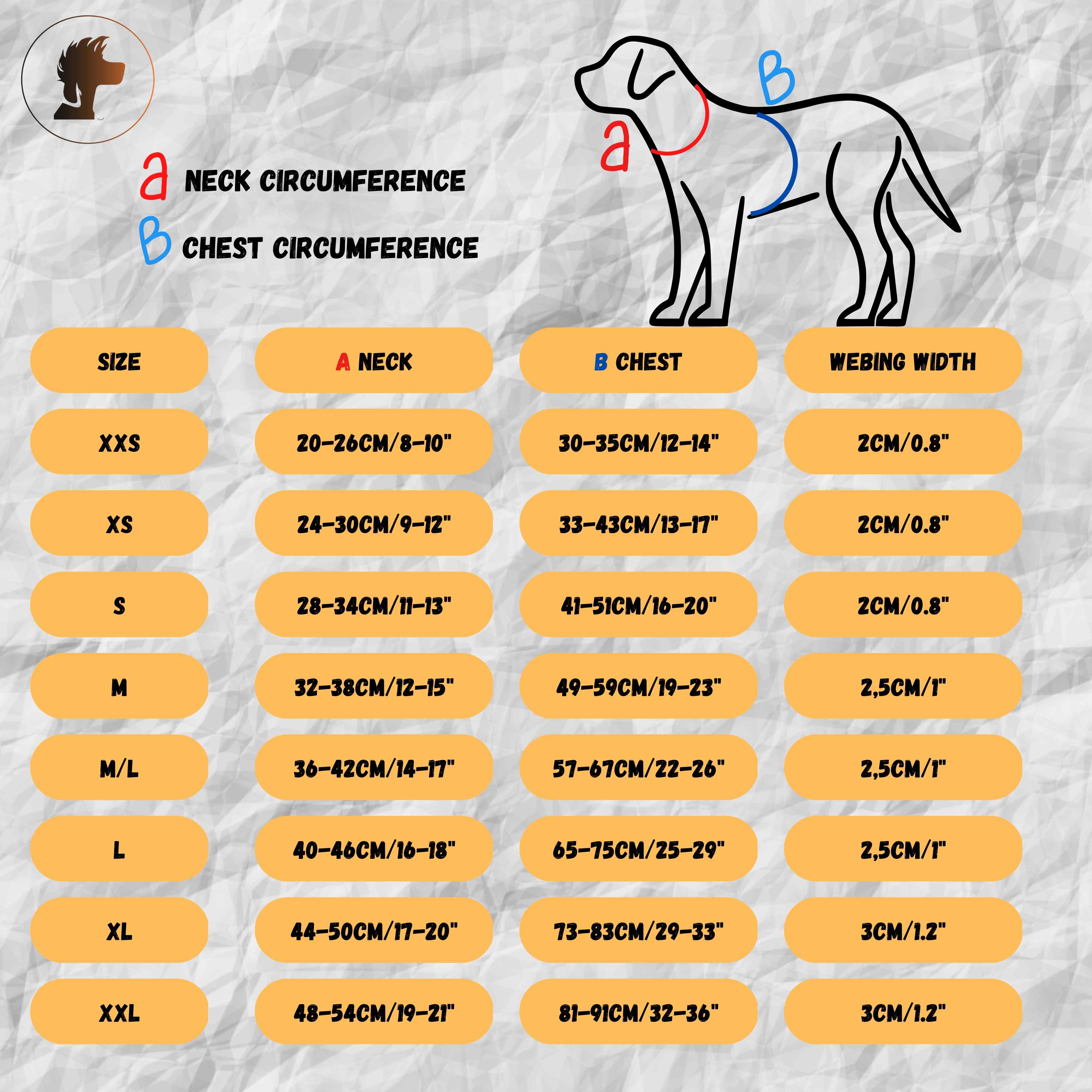 harness size guide by distinguish me 