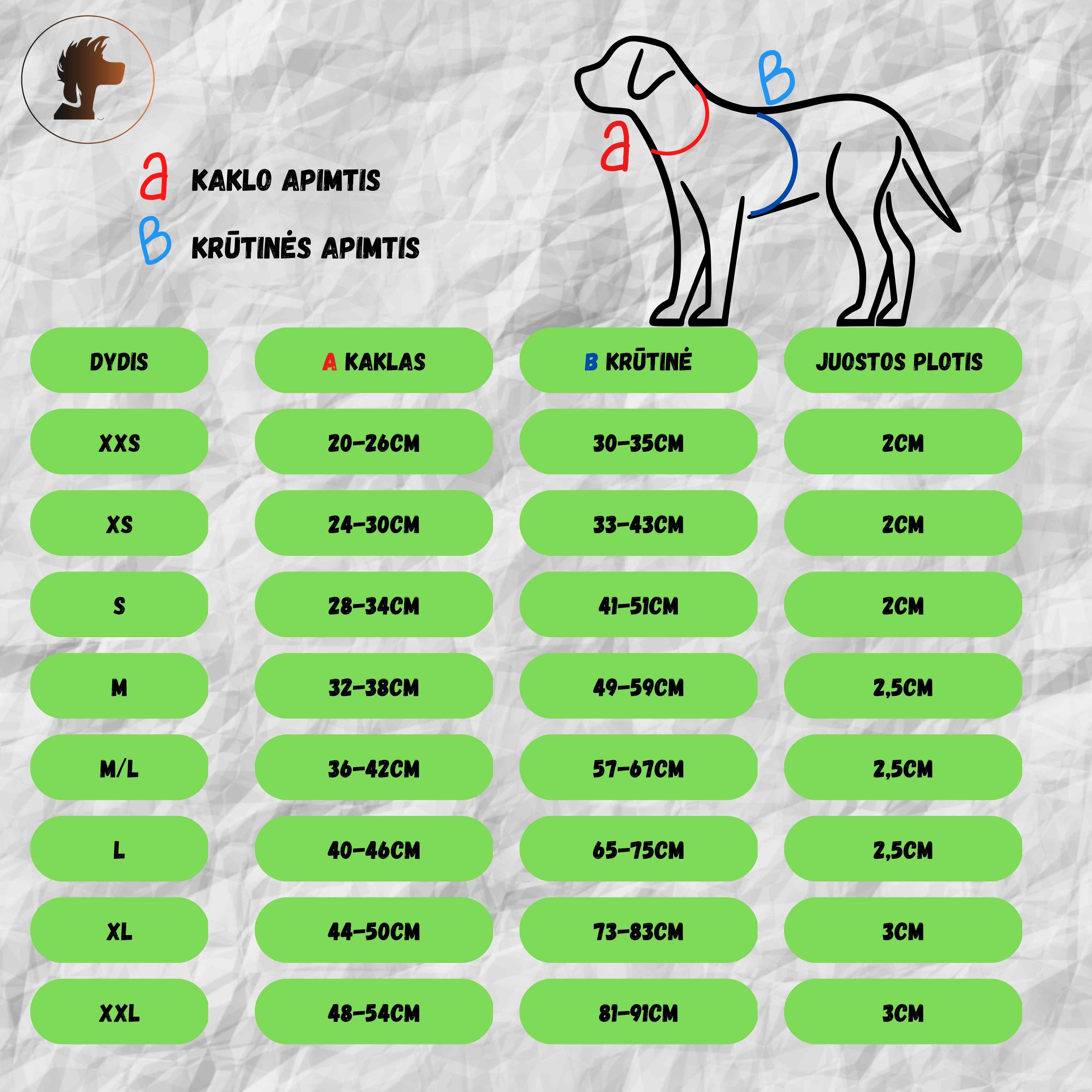 Reguliuojamų šuns petnešų dydžių lentelė